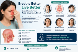 Patient experiencing sinus pain with illustration of common ENT conditions including chronic sinusitis, deviated nasal septum, enlarged adenoids, nosebleeds, ear wax removal, and throat problems.