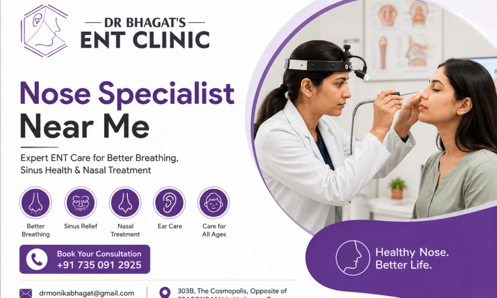 ENT specialist examining a patient's nose at Dr. Bhagat's ENT Clinic, offering expert diagnosis and treatment for sinus, nasal blockage, allergies, and breathing problems in Hadapsar, Pune.