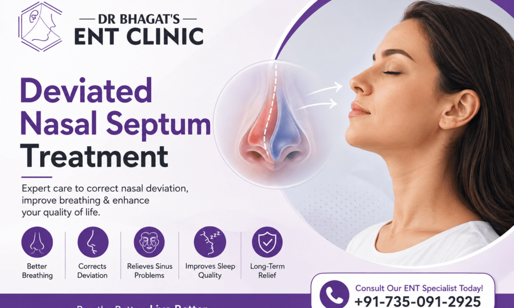 Professional feature image illustrating Deviated Nasal Septum Treatment at Dr. Bhagat's ENT Clinic in Hadapsar, Pune, showing expert ENT care to improve breathing and relieve sinus problems.
