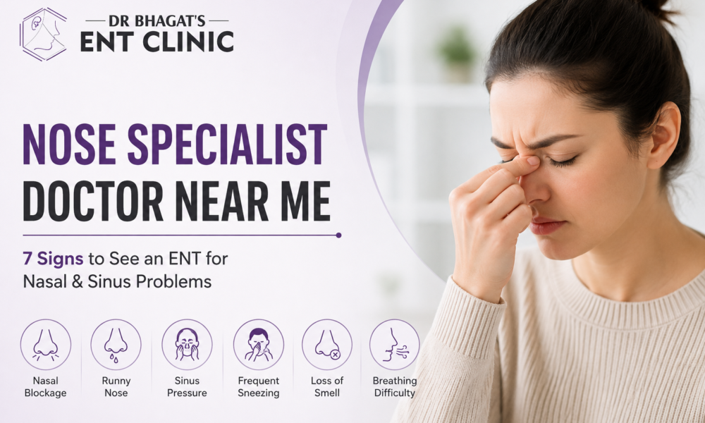 Nose specialist doctor near me banner showing an ENT clinic logo, nasal and sinus symptoms, and a woman experiencing sinus pressure.