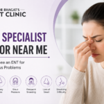 Nose specialist doctor near me banner showing an ENT clinic logo, nasal and sinus symptoms, and a woman experiencing sinus pressure.