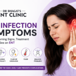 Ear infection symptoms infographic showing ear pain, hearing difficulty, ear discharge, fever, balance problems, and an ENT clinic consultation.
