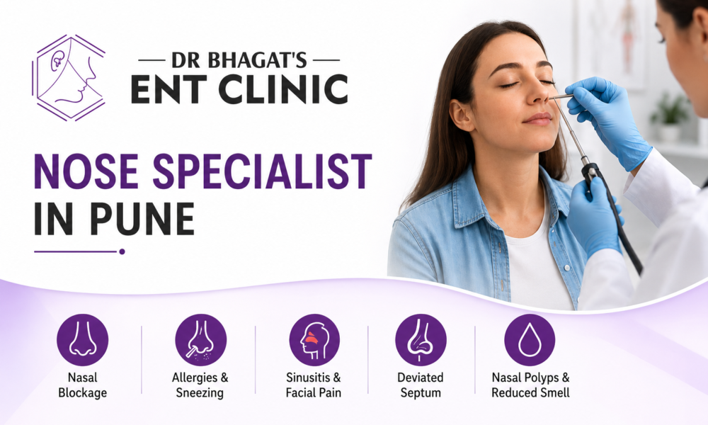 Nose specialist in Pune at Dr Bhagat’s ENT Clinic with a doctor examining a patient’s nose.