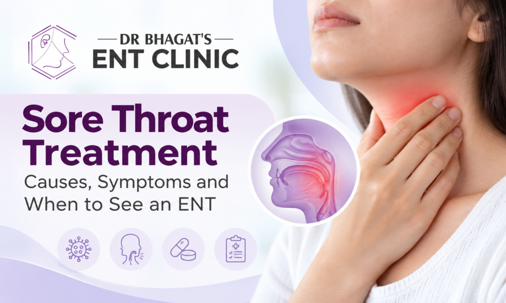 Sore throat treatment guide showing throat pain, causes, symptoms, and ENT consultation