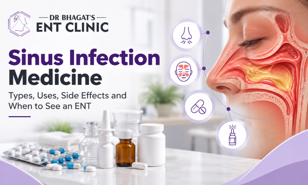 Sinus infection medicine guide showing sinus anatomy, medications, and nasal spray