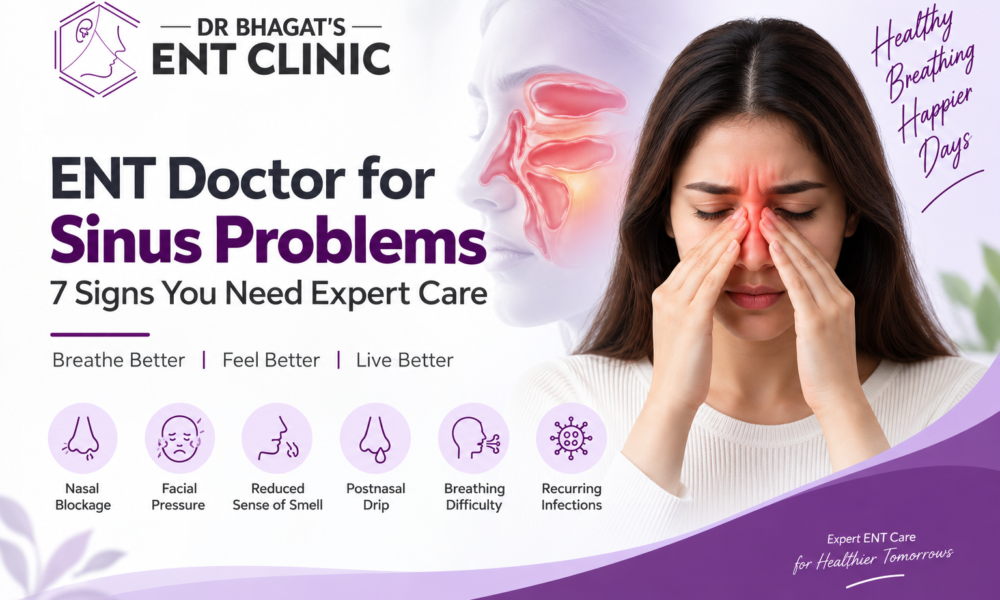 ENT doctor for sinus problems in Hadapsar featuring Dr. Bhagat’s ENT Clinic, with a woman experiencing sinus pain and sinus anatomy illustration.