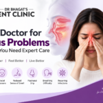 ENT doctor for sinus problems in Hadapsar featuring Dr. Bhagat’s ENT Clinic, with a woman experiencing sinus pain and sinus anatomy illustration.